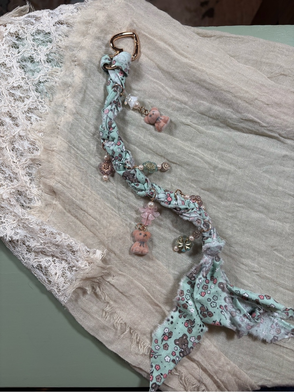 Handmade Floral Mint Braided Purse Charm with Teddy Charms